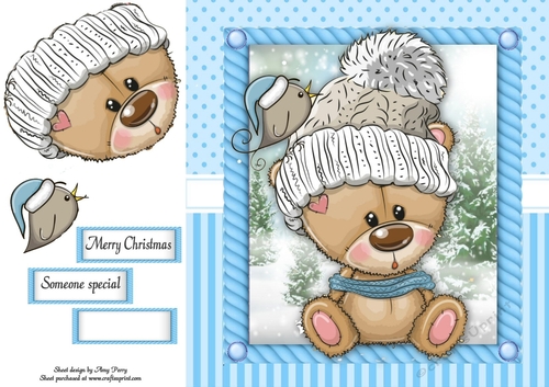 Festive Brown  Bear With Cream Bobble Hat 8x8
