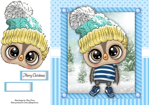 Festive Owl With Cream Bobble Hat 8x8