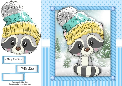 Festive Raccoon  In Bobble Hat 8x8