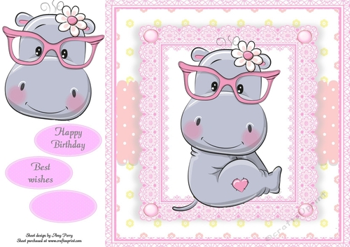 Adorable Grey Hippo  In Pink Frame 8x8