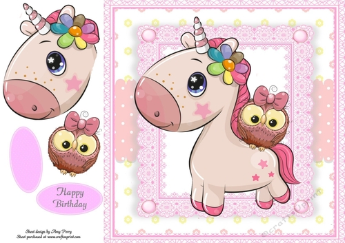 Adorable Unicorn With Owl  In Pink Frame 8x8