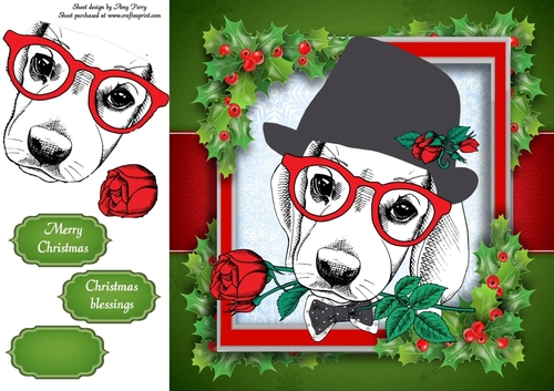 Black, Red & White Dog With Rose 8x8