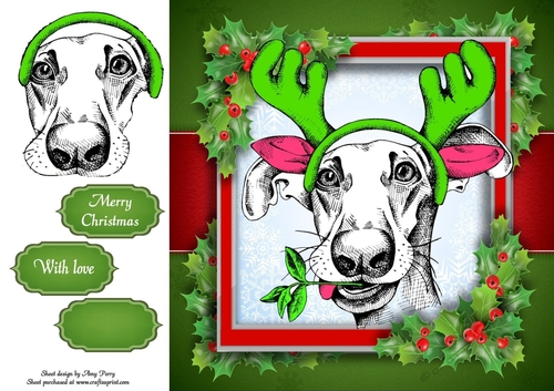 Black, Green & White Dog With Antlers 8x8