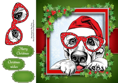 Black, Red & White Dog With Santa Hat 8x8