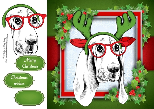 Black, Red & White Dog With Antlers 8x8