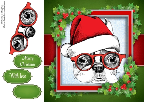 Black, Red & White Dog With Santa Hat 8x8