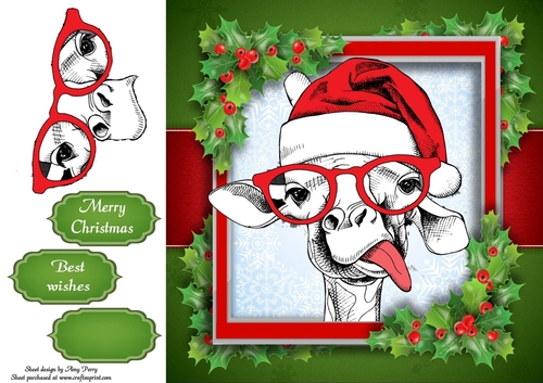 Black, Red & White Giraffe With Santa Hat 8x8