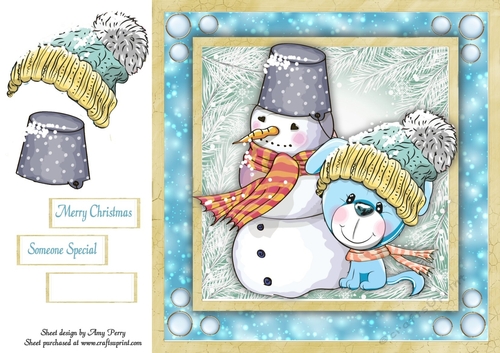 Cute Blue Dog With Snowman 8x8