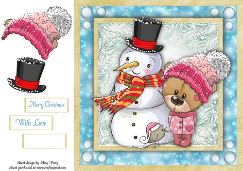 Cute Brown Bear In Pink Bobble Hat With Snowman 8x8