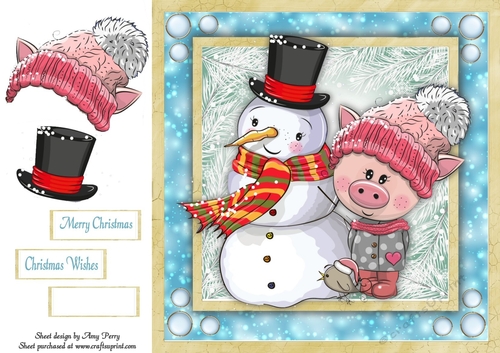 Cute Pig In Pink Bobble Hat With Snowman 8x8