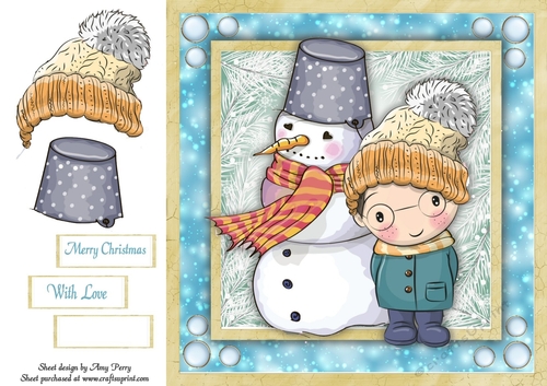 Cute Little Boy In A Bobble Hat With Snowman 8x8