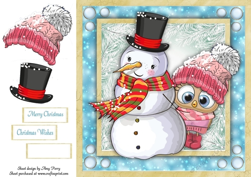 Cute Little Owl In A Bobble Hat With Snowman 8x8
