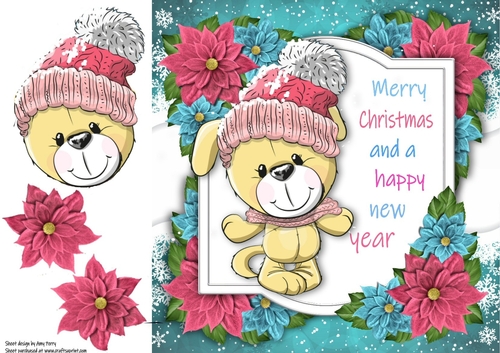 Merry Christmas Dog With Pink Bobble Hat 8x8