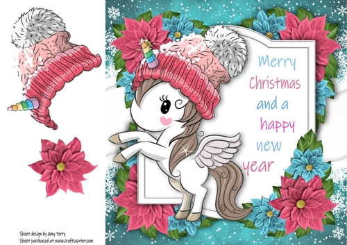 Merry Christmas Unicorn With Pink Bobble Hat 8x8