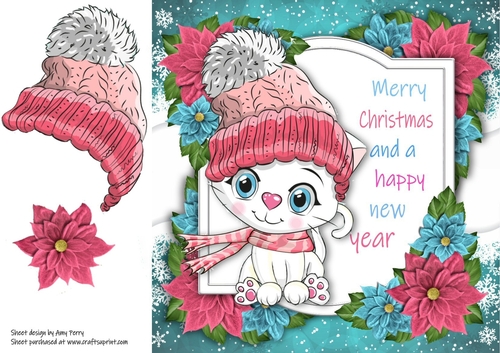 Merry Christmas White Cat With Pink Bobble Hat 8x8