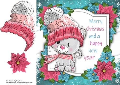 Merry Christmas Grey Cat With Pink Bobble Hat 8x8