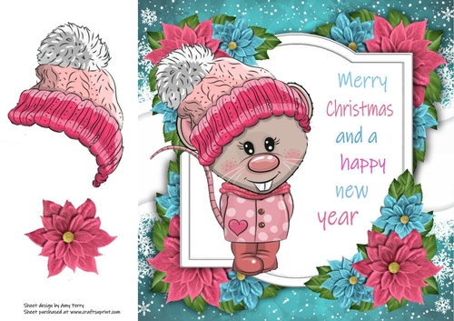 Merry Christmas Rat With Pink Bobble Hat 8x8