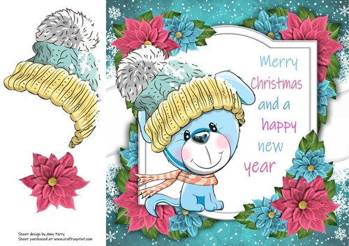 Merry Christmas Blue Dog With Pink Bobble Hat 8x8
