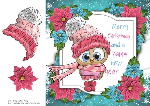 Merry Christmas Owl With Pink Bobble Hat 8x8