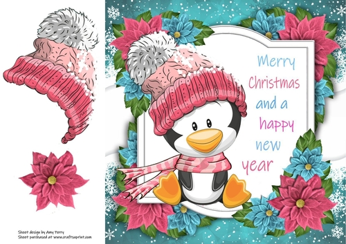 Merry Christmas Penguin With Pink Bobble Hat 8x8