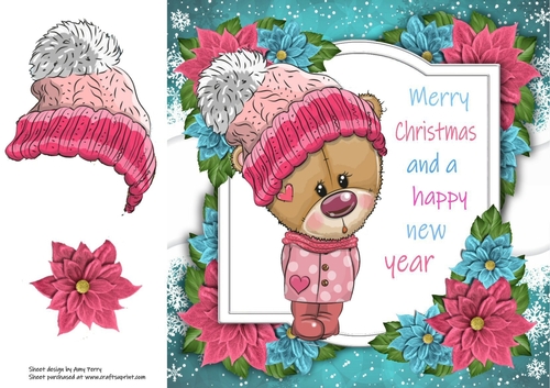 Merry Christmas Bear With Pink Bobble Hat 8x8