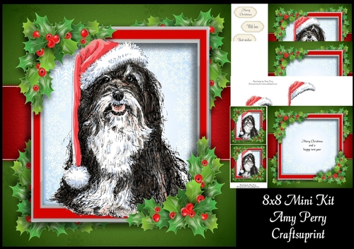 Gorgeous Black & White Scruffy Dog With Holly 8x8 Mini Kit