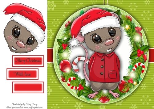 Mouse With Santa Hat In Holly Frame 8x8