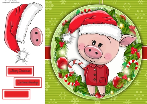Pig With Santa Hat In Holly Frame 8x8