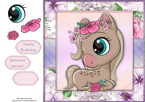 Beautiful Brown Pony With Pink & Purple Flowers 8x8