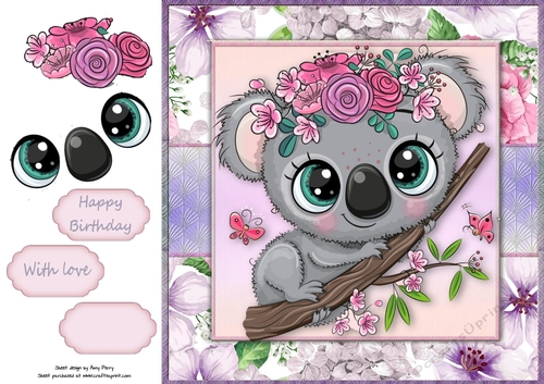 Beautiful Grey Koala With Pink & Purple Flowers 8x8