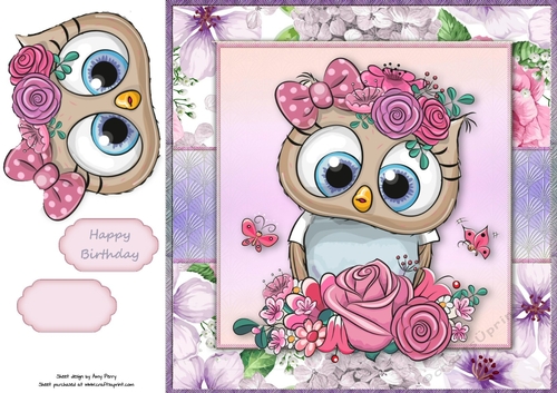 Beautiful Brown Owl With Pink & Purple Flowers 8x8