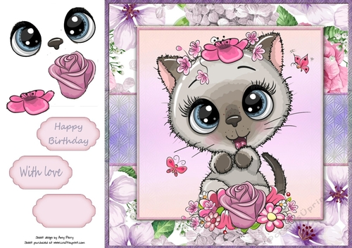 Beautiful Grey Kitten With Pink & Purple Flowers 8x8