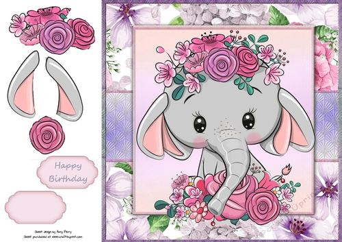 Beautiful Grey Elephant With Pink & Purple Flowers 8x8