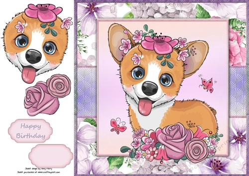 Beautiful Corgie Dog With Pink & Purple Flowers 8x8