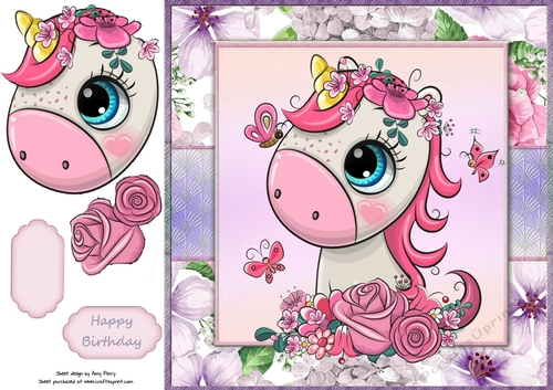 Beautiful Pink Haired Unicorn With Pink & Purple Flowers 8x8