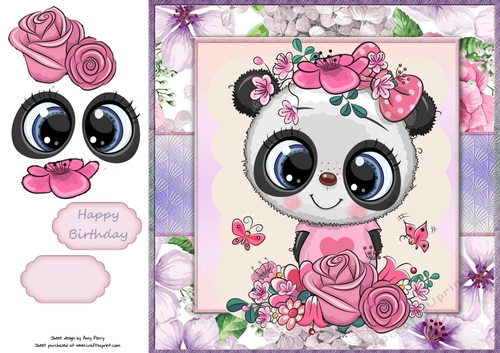 Beautiful Panda With Pink & Purple Flowers 8x8