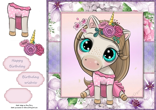 Beautiful Pale Pink Unicorn With Pink & Purple Flowers 8x8