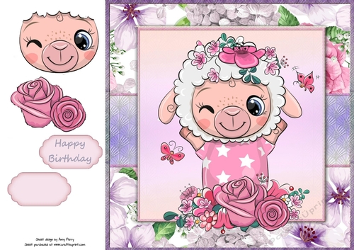 Beautiful White Fluffy Ewe With Pink & Purple Flowers 8x8