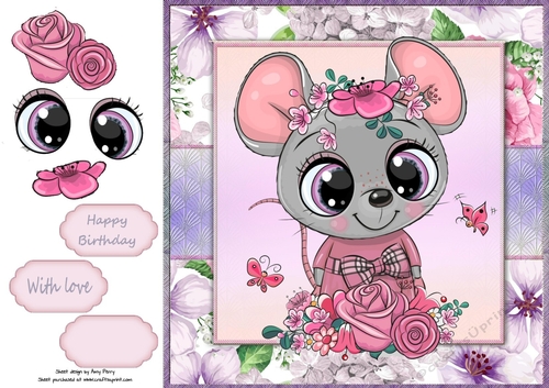Beautiful Grey Mouse With Pink & Purple Flowers 8x8