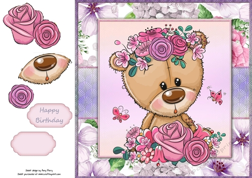 Beautiful Brown Bear With Pink & Purple Flowers 8x8