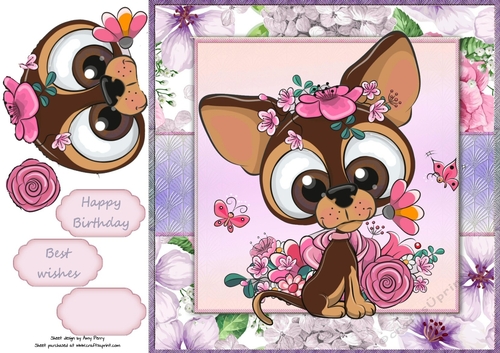 Beautiful Brown Dog With Pink & Purple Flowers 8x8