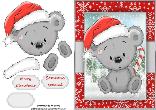 Cute Christmas Grey Bear In Santa Hat