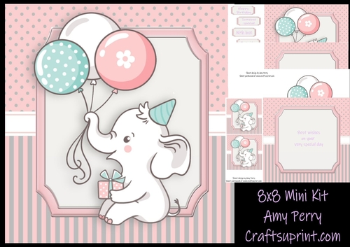 Gorgeous Grey Elephant With Balloons  8x8 Mini Kit