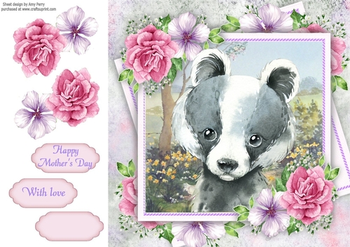 Beautiful Badger With Pink Roses 8x8