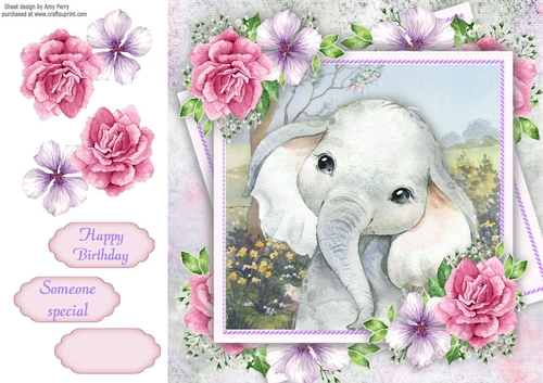 Beautiful Elephant With Pink Roses 8x8