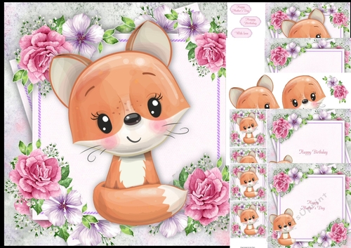Beautiful Painted Effect Fox With Pink Flowers 8x8 Mini Kit