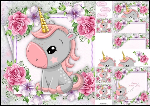 Beautiful Pink & Grey Unicorn  With Pink Flowers 8x8 Mini Kit