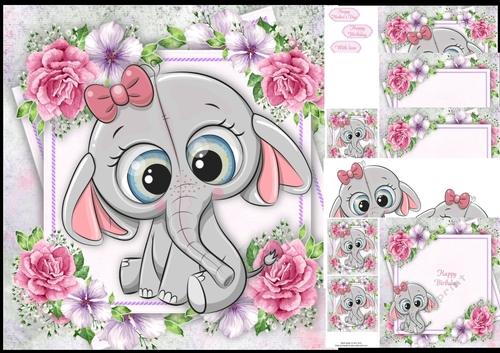 Beautiful Grey Elephant With Pink Flowers 8x8 Mini Kit