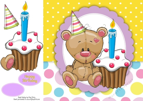 Cute Bear With Birthday Cupcake 8x8