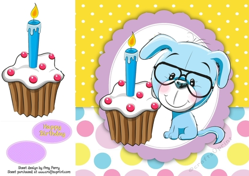 Cute Blue Dog With Birthday Cupcake 8x8